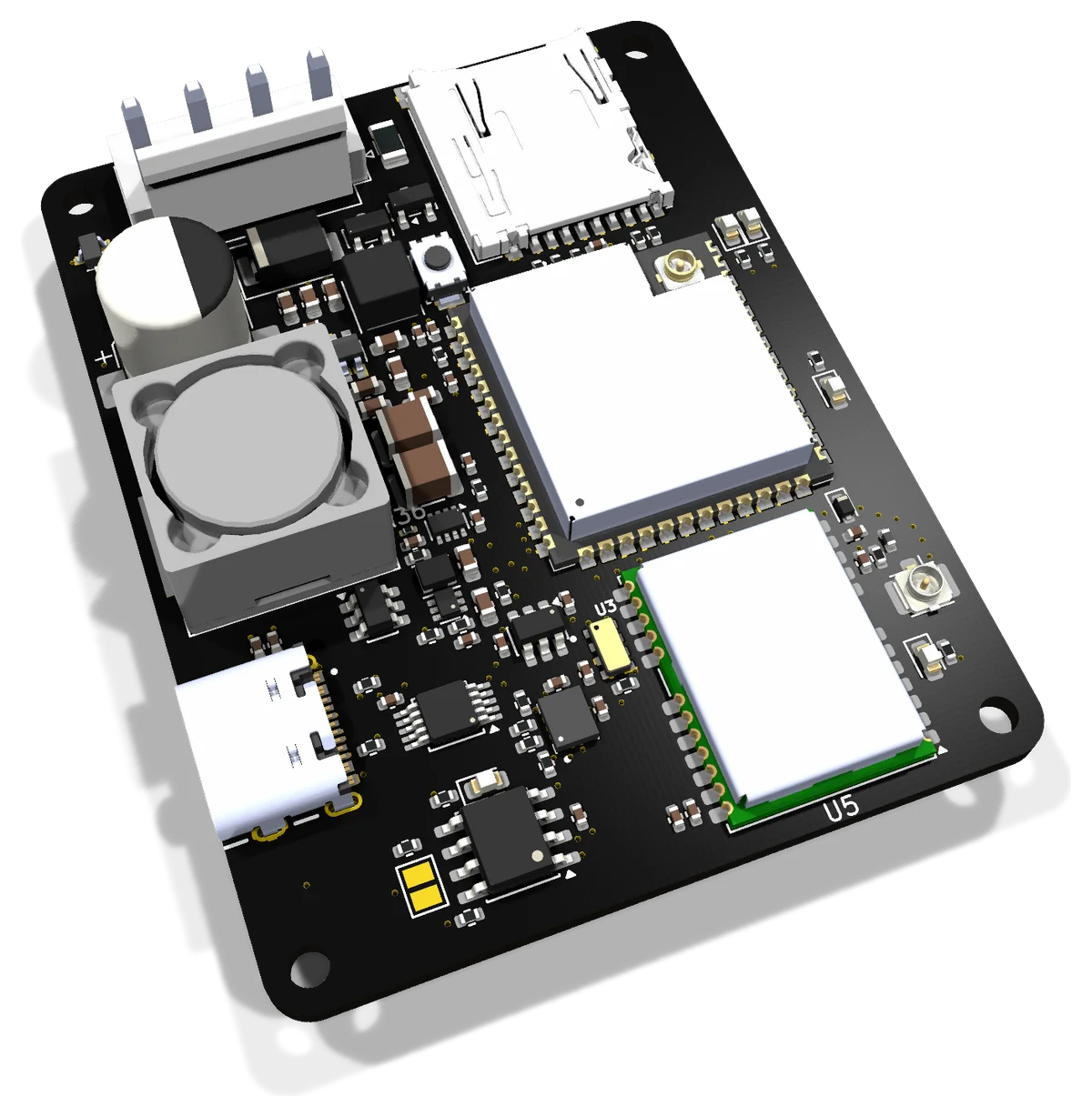 Render 3D de la placa del datalogger CAN con GNSS e IMU, con máscara de soldadura negra